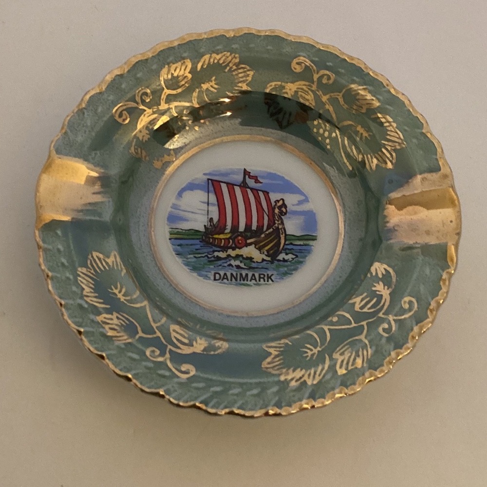 Vintage Denmark Viking Ship Porcelain Ashtray Teal Gold Scalloped Souvenir 3.5"
